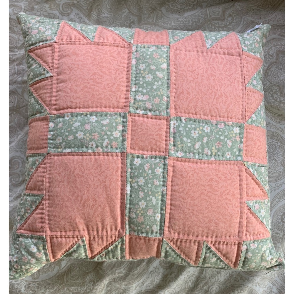 Vintage Quilted Patchwork Floral Throw Pillow Sage Green Peach Cottagecore Retro